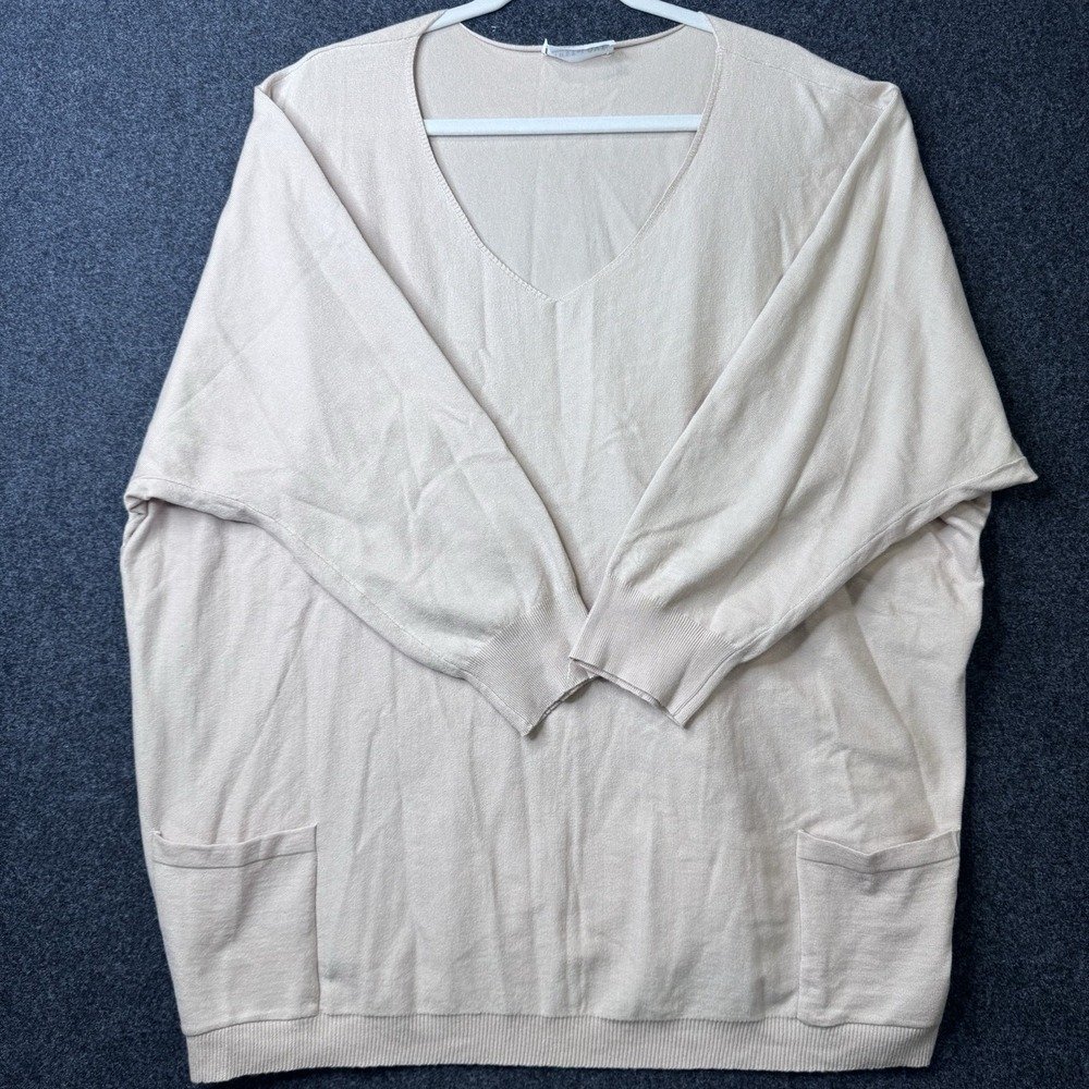 First Love by Lovelyn Sweater Women 1X Beige V Neck Oversized Tunic Pockets